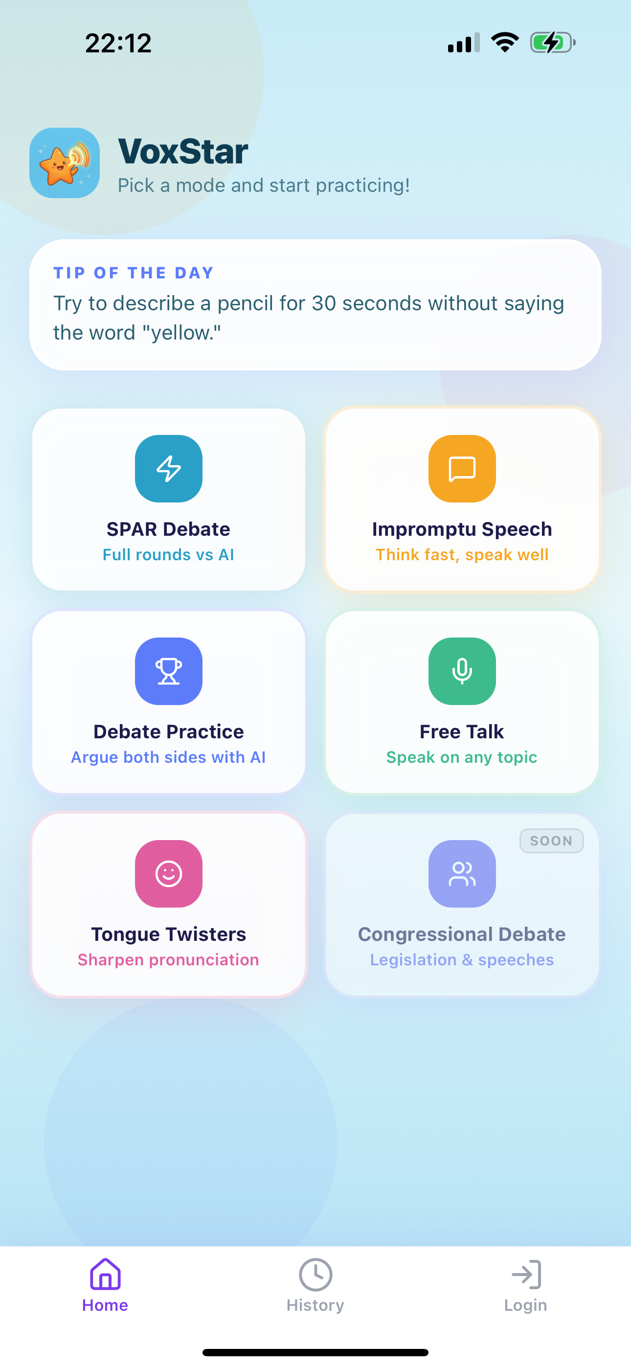 VoxStar app showing 5 practice modes: SPAR Debate, Impromptu Speech, Free Talk, Debate Practice, and Tongue Twisters