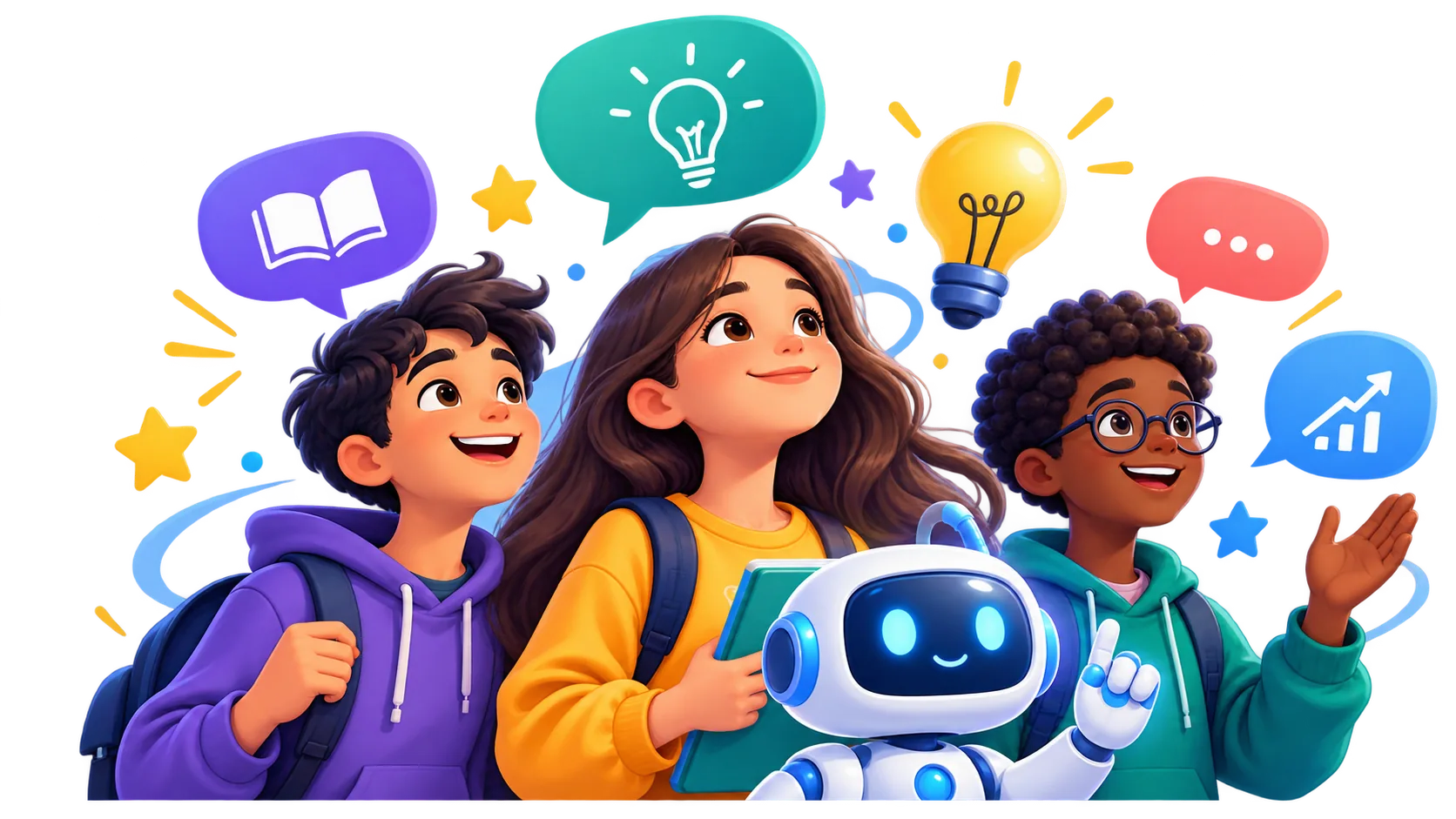 Students and a friendly AI robot exploring ideas together