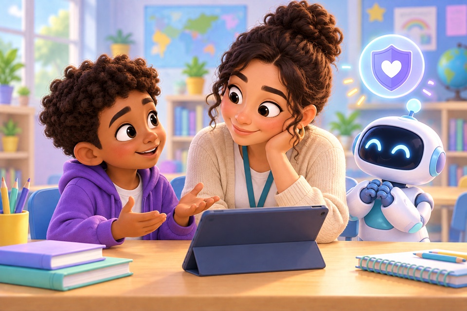 A trusted teacher listens as a student asks a question, with a friendly robot nearby