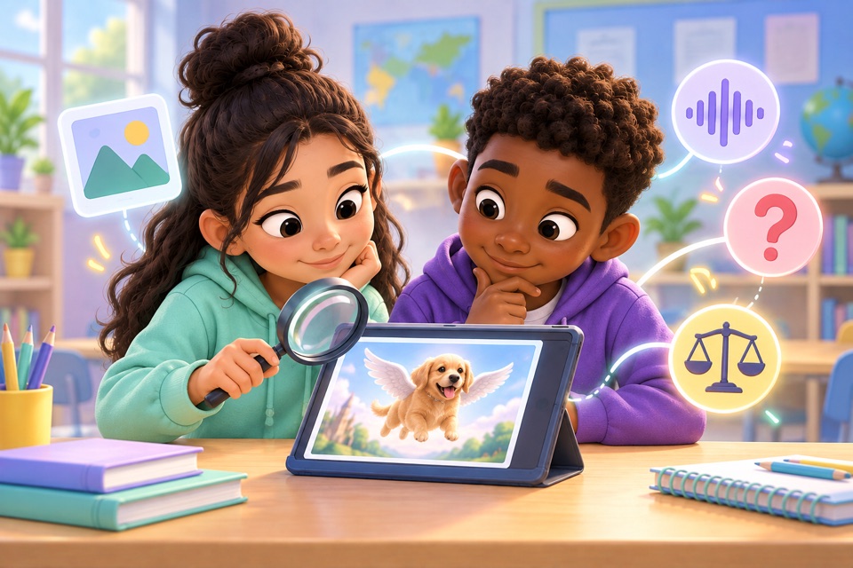Two students use a magnifying glass to think carefully about an AI-generated picture