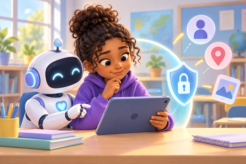 A student and friendly robot consider how to keep personal information protected