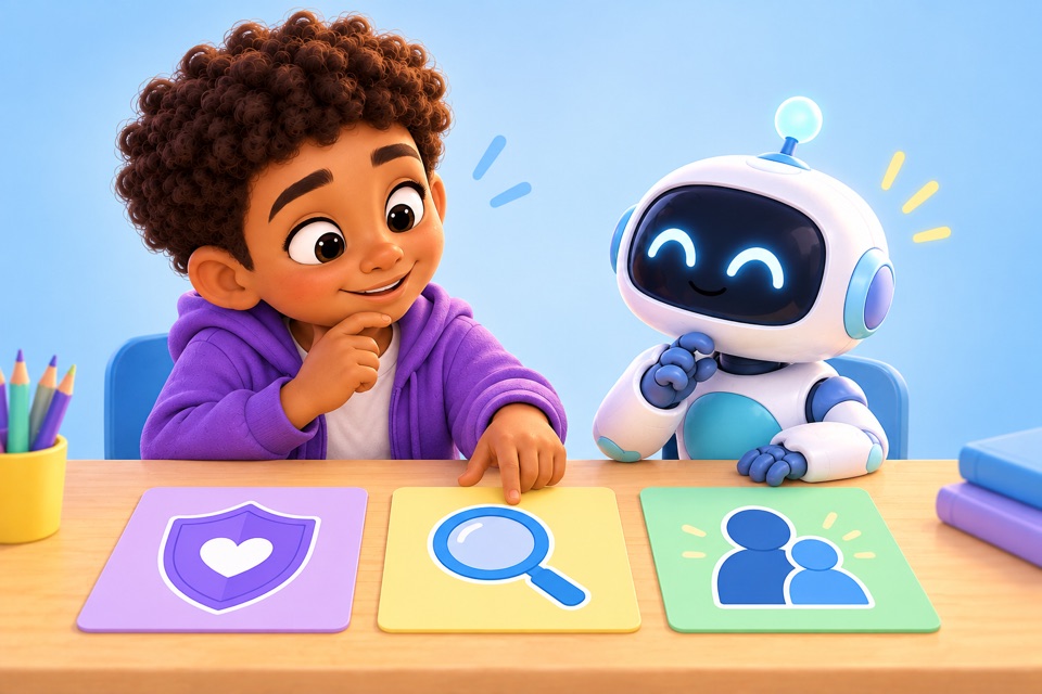 A student and friendly robot consider three different choices together