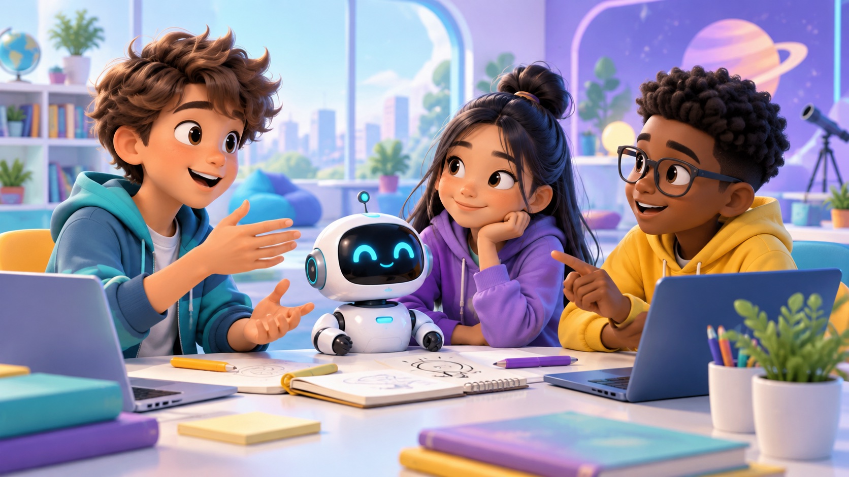 Three students share ideas around a table while a friendly AI helper listens