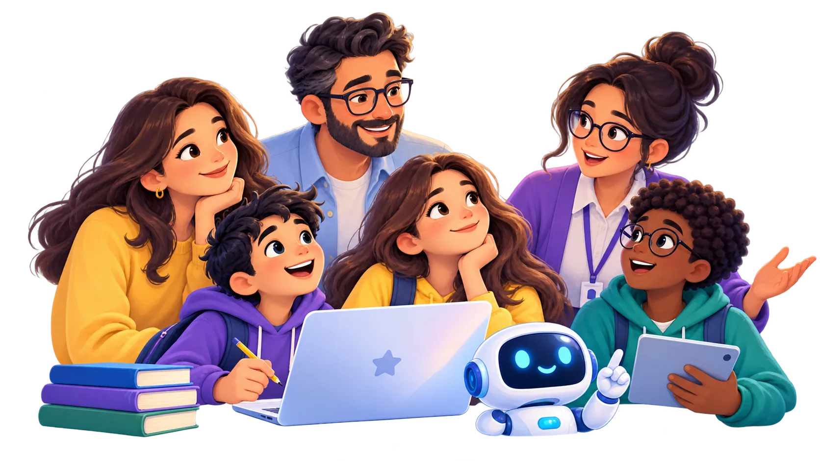 Students, a family member, an educator, and a friendly robot learning together