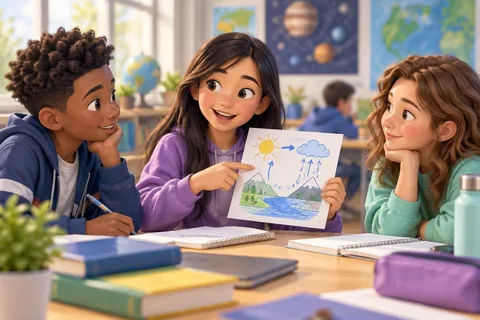Students explaining and discussing a science diagram together