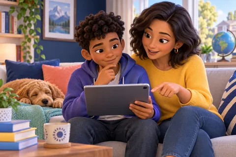 A parent and child exploring information on a tablet